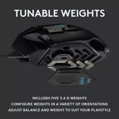 Maus gaming Logitech G502 HERO 910-005471, 25,600 DPI, 11 butona, RGB LIGHTSYNC, me kabllo, me pesha të rregullueshme, i zi