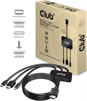 Adapter Club 3D USB-C + HDMI + Mini DisplayPort 1.2 në HDMI 4K60Hz, i zi