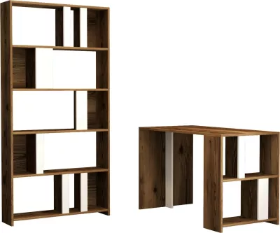 Tavolinë studimi me raft librash Skye Decor, ngjyrë arre dhe e bardhë