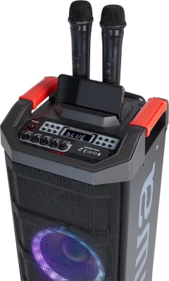 Altoparlant portativ Bluetooth Aiwa KBTUS-608 80 W RMS me drita RGB, me karrocë me rrota, i zi, me 2 mikrofonë wireless