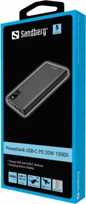 Powerbank Sandberg 420-58 10000 mAh USB-C PD 20W, i zi, set me kabllo USB-A në USB-C 30 cm