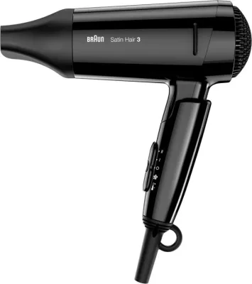 Tharëse flokësh Braun Satin Hair 3 Style&Go HD350 me jone, palosshme, multivoltage, e zezë