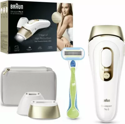 pajisje IPL për heqje qimesh Braun Silk-expert Pro 5 PL5152 set me koka dhe çantë, e bardhë e artë
