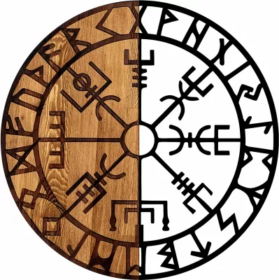 Aksesor dekorativ prej druri për mur, Wallity Vegvisir - 331, ngjyrë e zezë dhe arre, 56cm