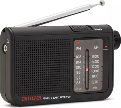 Radio xhepi Aiwa RS-55, FM/AM, antenë teleskopike 48 cm, dalje 3.5 mm, punon me 2xAA, e zezë, set me kufje + çantë mbrojtëse + rrip dore + bateri (2 copë)