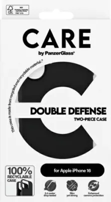 Mbështjellës PanzerGlass CARE Double Defense për iPhone 16, i zi