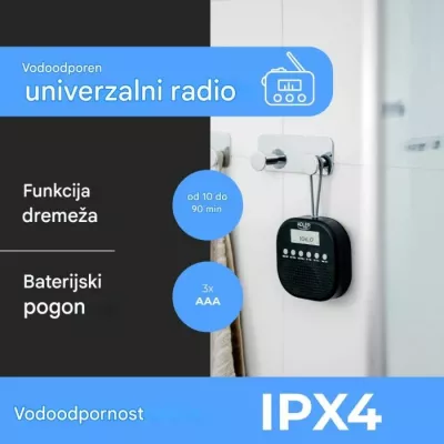 radio waterproof ADLER AD1912, FM, IPX4, me orë dhe alarm të dyfishtë, me grep silikoni, e zezë