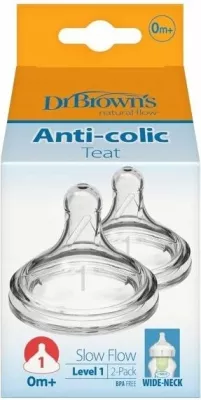 Thithëse biberoni Dr Browns WN1201 Anti-Colic Level 1 Wide Neck Slow Flow 0-3 muaj, 2 copë