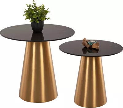Tavolina anësore 2 copë RENGI FH9665 metal në ngjyrë ari-zi me sipërfaqe qeramike Φ56&Φ43 cm