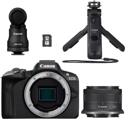 Kamerë Canon EOS R50, me objektiv RF-S 18-45 IS STM, e zezë