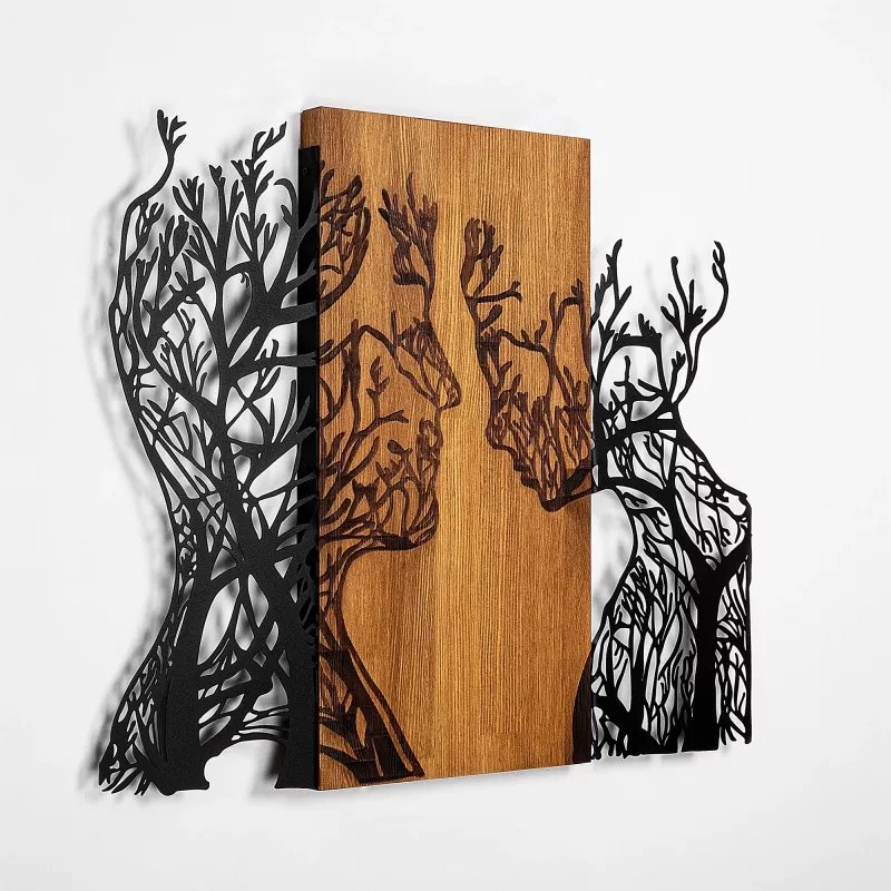 Aksesor dekorativ për mur, dru dhe metal, grua dhe burrë, ngjyrë arre dhe e zezë, 58x70cm