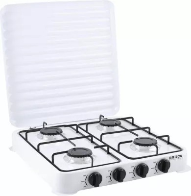 Soba gazi portative Brock GS 004, 4 djegës gize, për G30/G31 (butan/propan), me kapak, e bardhë