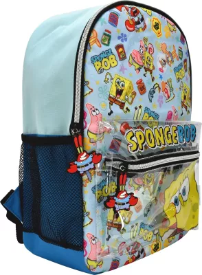 Çantë shpine Blue Sky SpongeBob Core, e madhe, najlon, xhep frontal PVC me zinxhir, xhepa anësorë rrjetë, shumëngjyrëshe