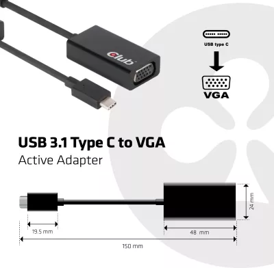 Adapter USB-C në VGA Club 3D, aktiv, 0.15m, i zi