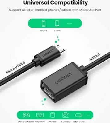 Adapter USB OTG Ugreen 10396, MicroUSB në USB-A (USB 2.0) 12 cm, i zi