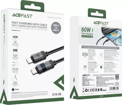 Kabllo Acefast C15-04 USB-C në USB-C me ekran LED, 1.2m, 60W, e zezë