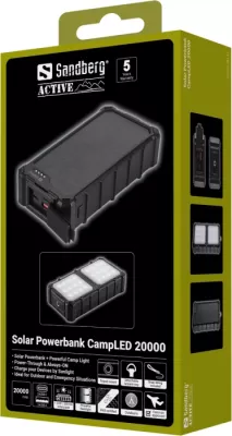Powerbank SANDBERG Solar Powerbank CampLED 20000 20000mAh (74Wh), 2x USB-C + 1x USB-A, PD/PPS/SCP, IP65, me dritë kampingu 200lm, i zi