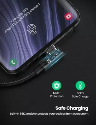 Kabllo USB-A në USB-C UGREEN 20857, 2m, 90° (right-angle), karikim i shpejtë 18W, 480Mbps, e thurur, e zezë