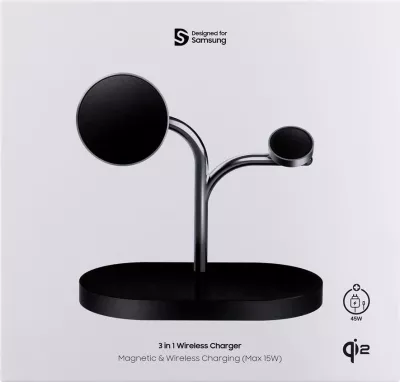 Karikues wireless Samsung GP-PWU024WIABW, për smartwatch, celular, kufje, 15W, USB Type-C, zi/argjendtë