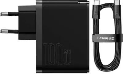 Karikues rrjeti Baseus GaN Pro Fast Charger C+U 100W me kabllo 1m, i zi