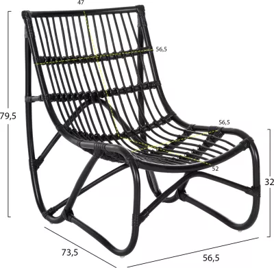 Karrige e jashtme GRINN, shkopinj Rattan, ngjyrë e zezë, 56.5x73.5x79.5H cm