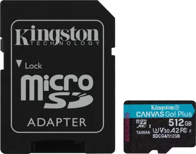 Kartelë microSD Kingston Canvas Go Plus 512GB, 200MB/s, me adapter, e zezë/turquoise