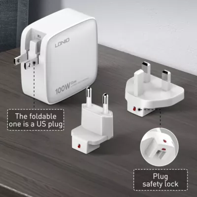 Karikues GaN LDNIO Q408 100W, 4 porte (1x USB-A + 3x USB-C), prizë universale, i bardhë