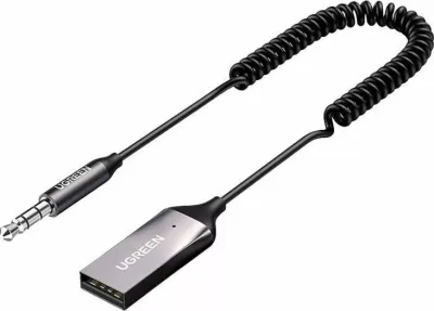 Adapter Bluetooth për veturë Ugreen 70601B, Bluetooth 5.0, AUX 3.5mm + USB, me mikrofon, 10 m, gri