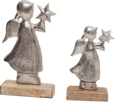 Dekor për Krishtlindje, engjëll me yll, alumin argjendi, dru mango natyral, 5x10x18cm