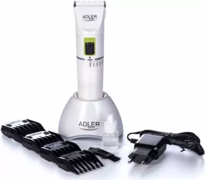 Makinë për prerje flokësh ADLER AD2827, Li-ion 2200 mAh, 5 orë punë, 2 shpejtësi, 4 krehëra 3/6/9/12 mm, me stacion karikimi, e bardhë/argjend, set