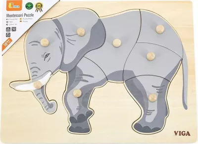 Puzzle druri Montessori me kunja, Viga Elephant, 30x22.5 cm, 18+ muaj, shumëngjyrësh