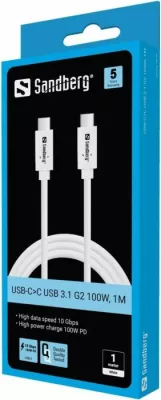 Kabllo karikimi dhe të dhënash USB-C në USB-C Sandberg 136-53, USB 3.2 Gen2 10Gbps, PD 100W, 1m, e bardhë