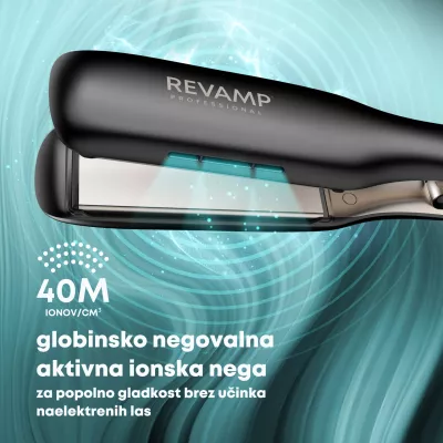 Drejtues flokësh Revamp Enigma Wide Ionic Radiance ST-3000, pllaka 45 mm, 130–235°C, LCD, i zi, me mat silikoni