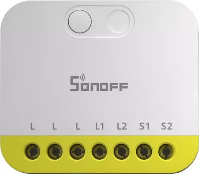 Switch mini 2-kanalësh ZigBee Sonoff MINI-ZB2GS-L, pa neutral (pa N), 100–240V, 8A/kanal, bardhë/verdhë