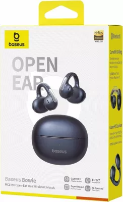 Kufje Baseus Bowie MC1 Pro OWS, Bluetooth 6.0, open-ear, IP67, deri 40h, me mikrofon, të zeza, me kuti karikimi