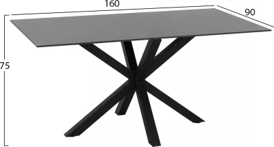 Tavolinë për ngrënie, gur i sinteruar, këmbë metali të zeza, 160x90x75 cm