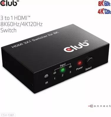 Switch HDMI Club3D CSV-1381, 3 në 1, 8K60Hz, me telekomandë, i zi