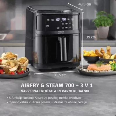 Fritezë me ajër të nxehtë me avull CASO AirFry & Steam 700, 7 L, 1700 W, e zezë