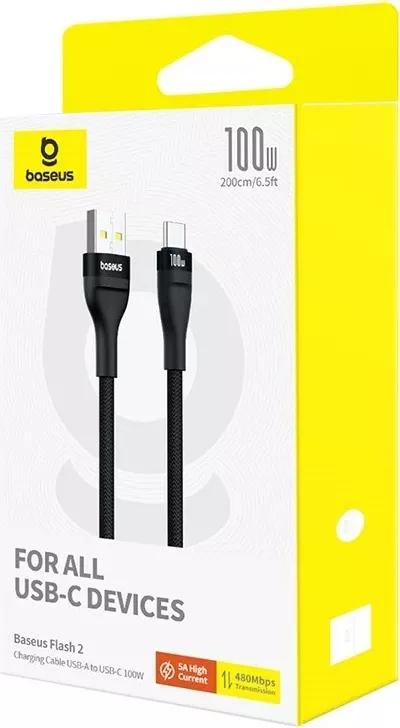 Kabllo Baseus Flash 2 USB A në USB C, 2 m, 100 W, E zezë