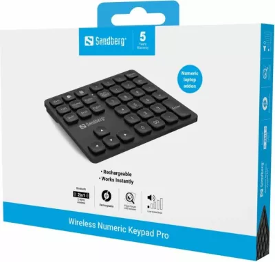 Tastierë numerike wireless Sandberg 630-09, 2.4GHz + Bluetooth, bateri e rikarikueshme, receiver USB-A, e zezë