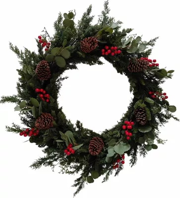 Kurorë Krishtlindjesh me manaferra të kuqe, me mistletoe, 90x90cm, jeshile-kuqe