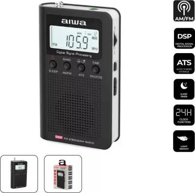 Radio portative Aiwa RSD-45/BK AM/FM stereo me DSP, alarm, LCD me ndriçim, me Kufje + 3x AAA, e zezë