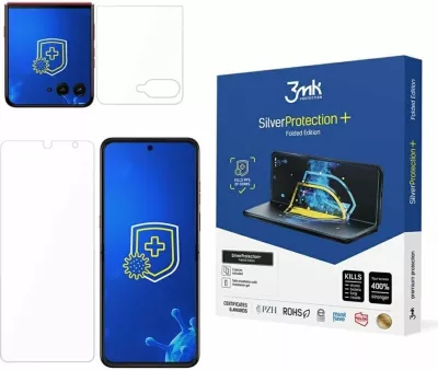 Folie mbrojtëse 3MK SilverProtect+ Folded Edition për Motorola Razr 60 Ultra, antimikrobiale, montim i lagësht, set 2 copë (para/mbrapa)