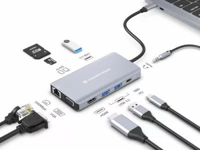 Docking station Conceptronic 10-1, USB-C në HDMI/USB-A/VGA/AUX, 25cm, gri