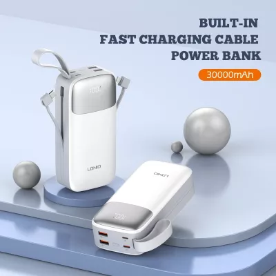 Power bank LDNIO PQ30 30000mAh 22.5W me kabllo të integrume USB-C/Lightning, 2 porta USB, e bardhë