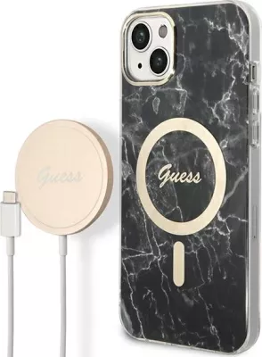 Mbështjellës Guess Marble Collection me MagSafe dhe karikues wireless për iPhone 14 Plus, 6.7", i zi, set