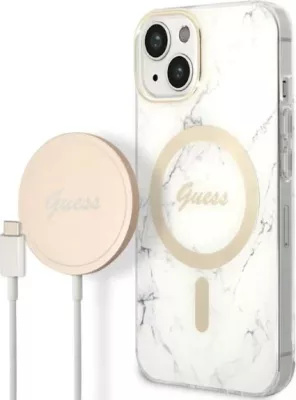 Set mbështjellës Guess Marble Collection me karikues wireless MagSafe për iPhone 14 6.1", Bardhë