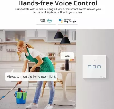 Switch muri smart SONOFF T1EU3C-TX, 3-taster, Wi‑Fi + RF433, EU, xham i temperuar, i bardhë