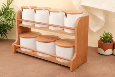 Set kavanozash për erëza me raft kuzhine, ngjyrë druri dhe e bardhë, Hermia Concept, 660