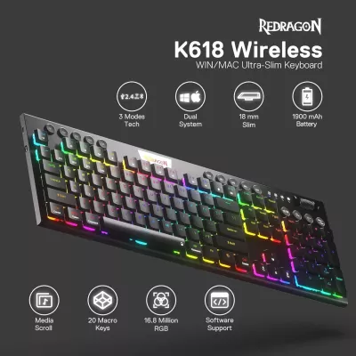 Tastierë mekanike Redragon Horus Pro K618RGB-PRO, full size, Red Switch, USB-C/2.4G/BT, RGB, e zezë